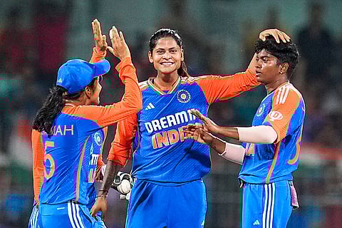 Pooja Vastrakar celebrates the wicket of Nadine de Klerk
